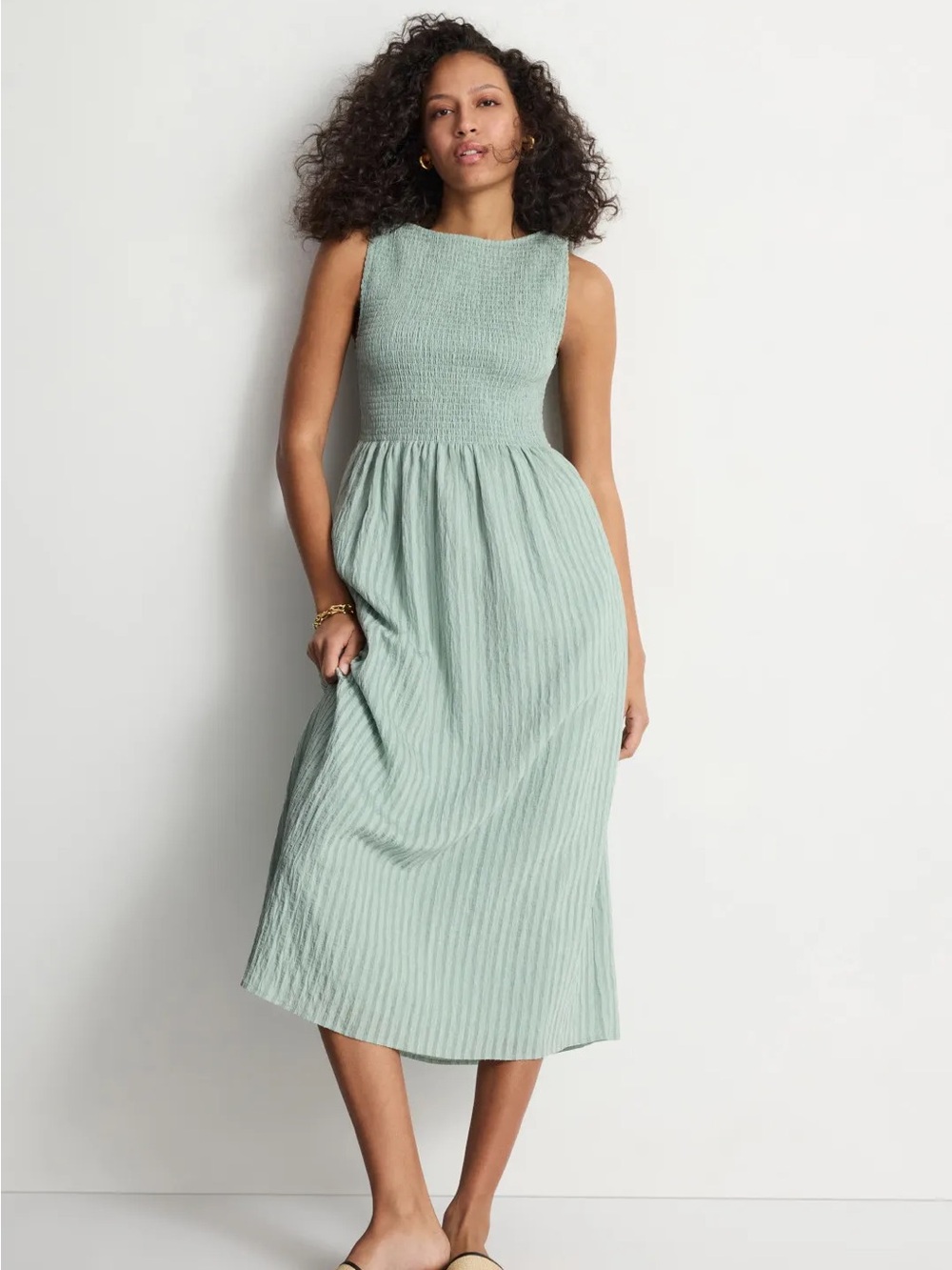 Hill House Cosima Maxi Dress in Soft Green Tonal Seersucker